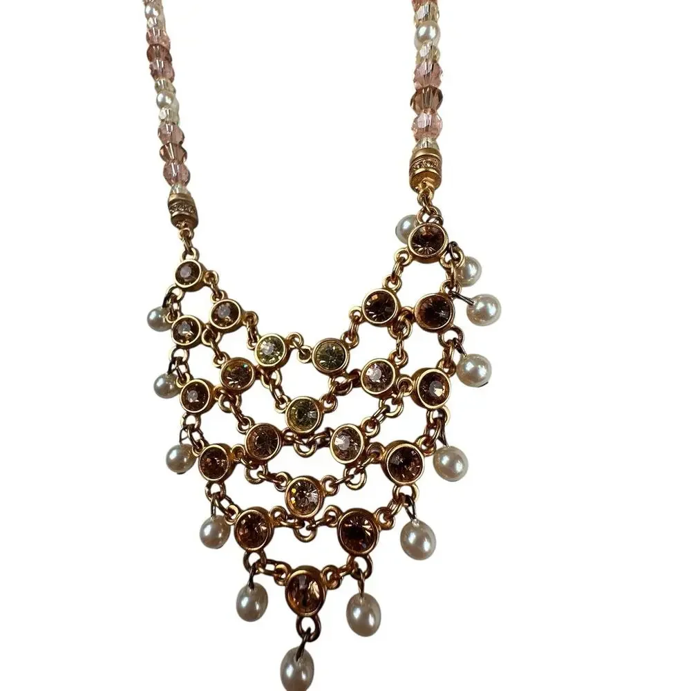 Vintage Swarovski Crystal Faux Pearl Bib Necklace Signed Statement Bridal